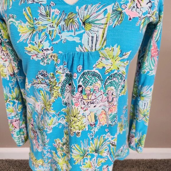 Lilly Pulitzer Top Womens XS Joycee Tunic Blue Green Jungle Glam Toile Preppy - Picture 2 of 5